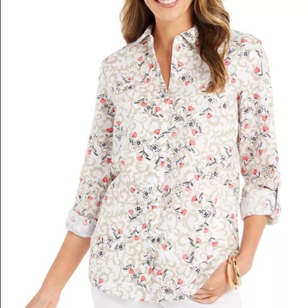 Shirt Charter Club Women's Floral Print Size M 3/4 sleeve convertible
